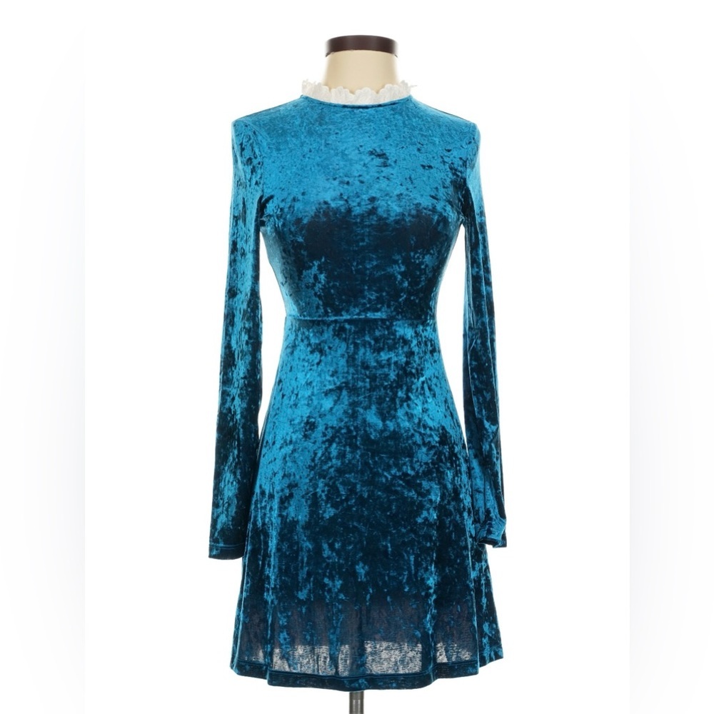 Maje Orandy Blue Crushed Velvet Lace Collar Mini Dress EU 36 US 4 NEW - Picture 2 of 12